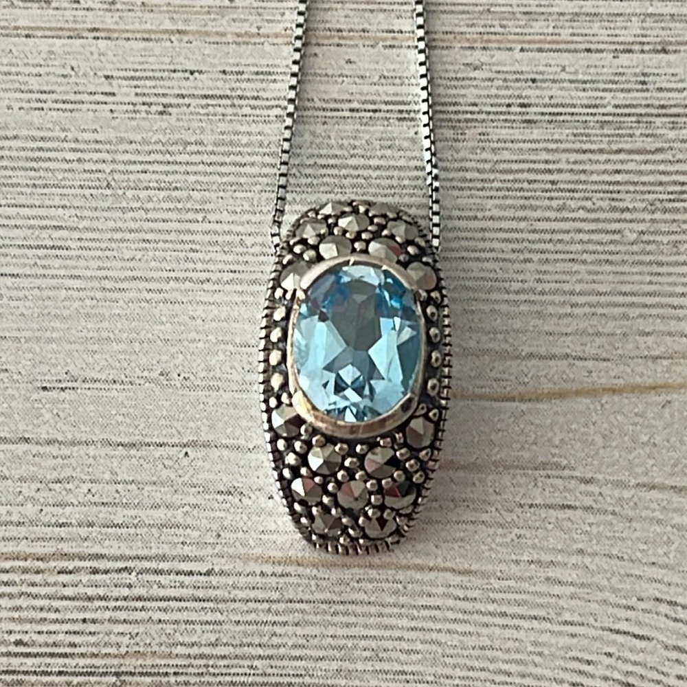 Sterling Silver Marcasite Blue Topaz Pendant Necklace - Picture 6 of 9